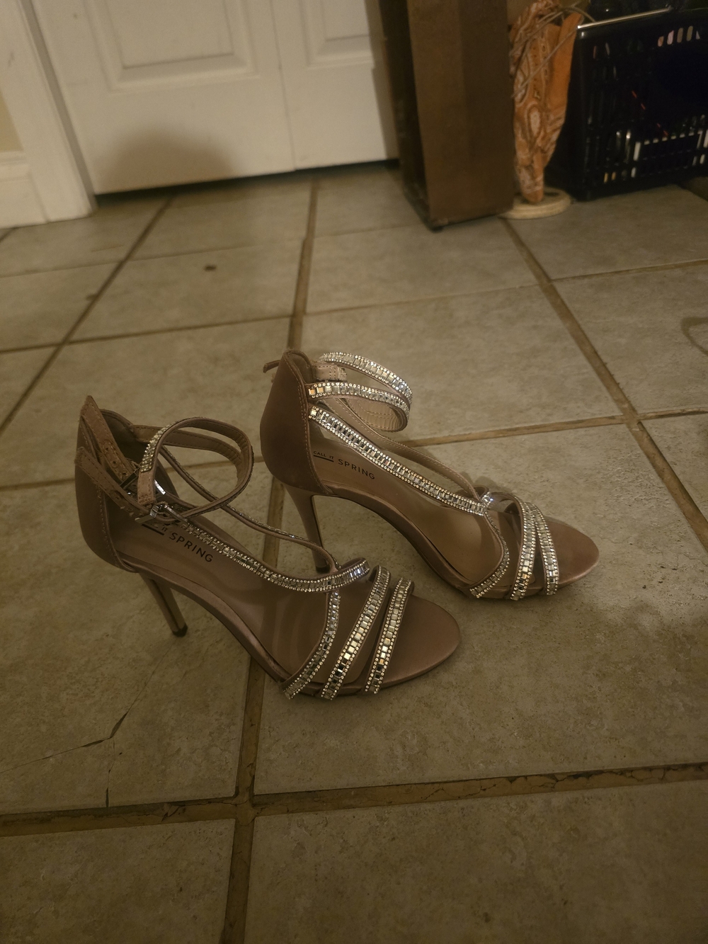 Nine West Taupe Strappy Heeled Sandals with Rhinestones